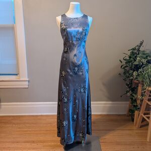 Vintage 90s All That Jazz Silky Maxi Dress Blue Floral Gown Fairycore Size 5/6